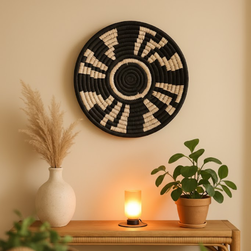 Monochrome Tribal Wall Plate – Handwoven Boho Wall Décor in Black & White