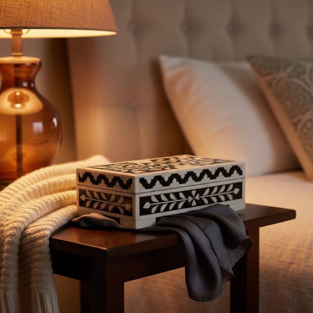 Inlay Work Monochrome Jewelry Box – Handcrafted Artisan Jewelry Storage