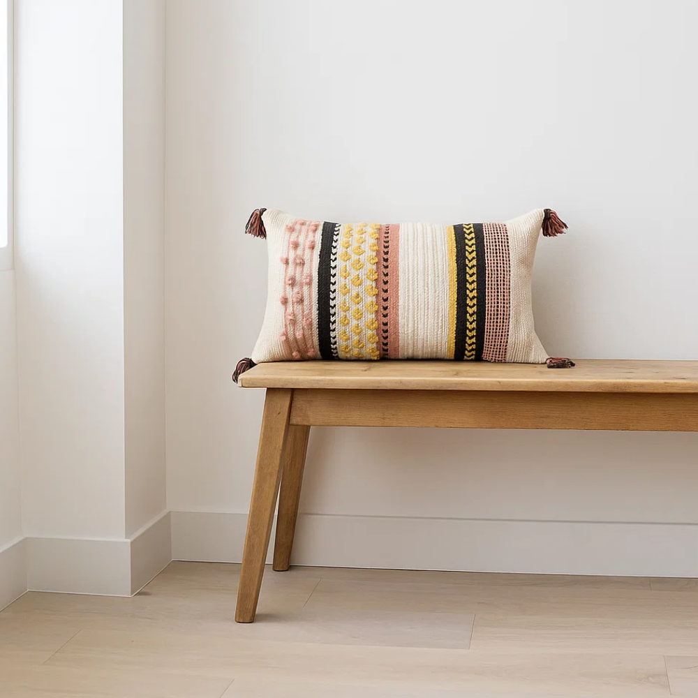 Handwoven & Tufted Striped Lumbar Cushion Cover – Artisan Cotton Sofa Cushion Cover with Concealed Zip