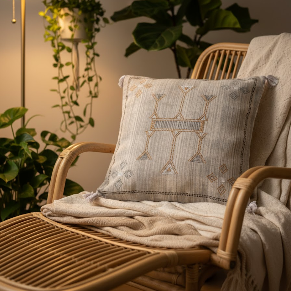 Embroidered & Tasseled Cotton Cushion Cover – Handwoven Artisan Cushion Cover with Vintage Embroidery & Tassels