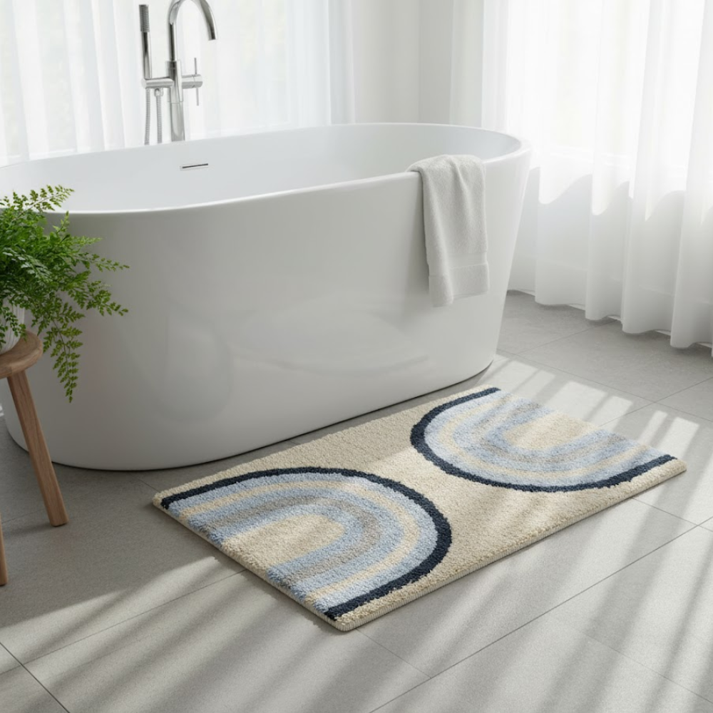 Tufted Blue Breeze Cotton Bath Mat – Handwoven & Hand-Tufted Eco-Friendly Bathroom Rug