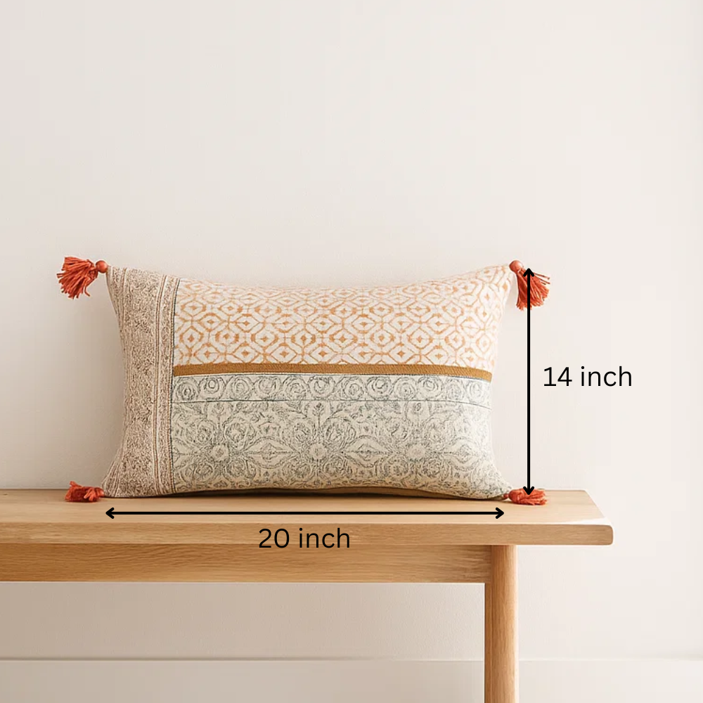Block Printed Floral Tasseled Lumbar Cotton Cushion Cover
