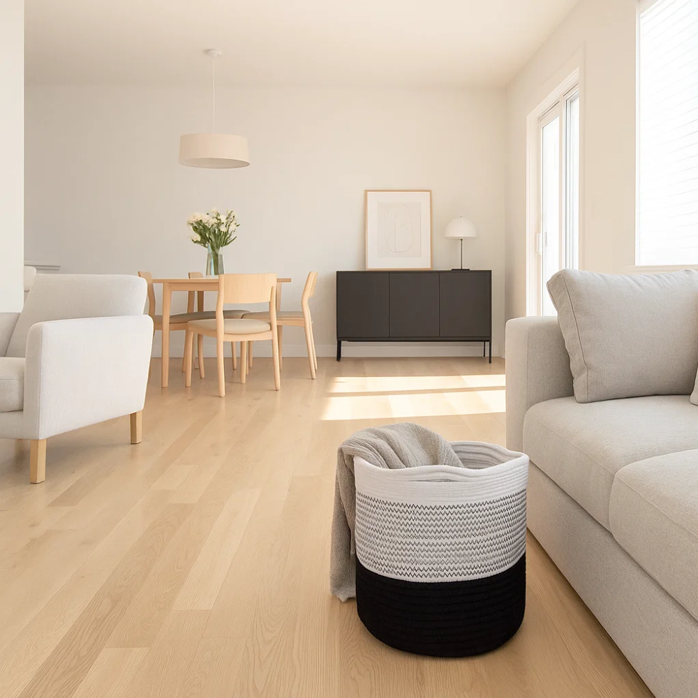Handwoven Cotton Monochrome Zigzag Basket – Artisan Cotton Storage Basket with Black & White Pattern