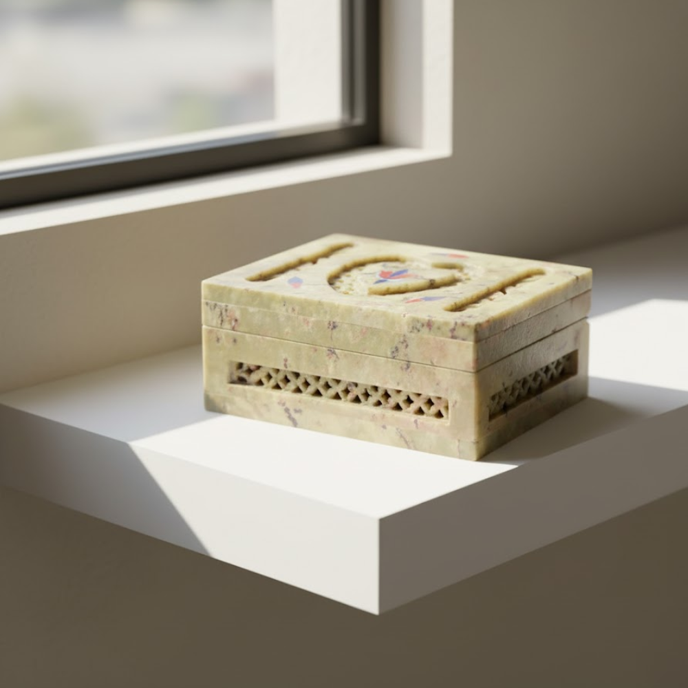 Soapstone Jewelry Box – Hand-Inlaid Semi-Precious Stones