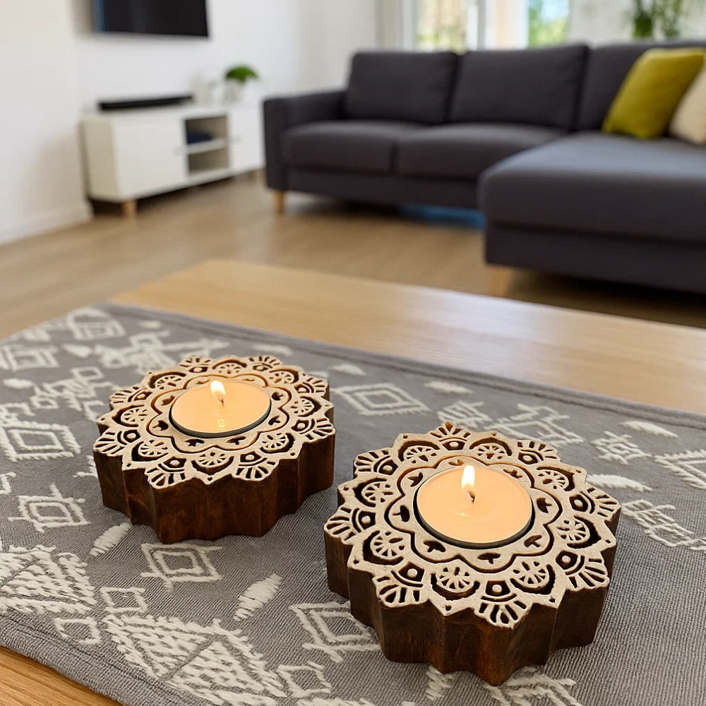 Hand Carved Wooden Mandala Tealight Holders (Set of 2) – Artisan Candle Holders with Intricate Mandala Design