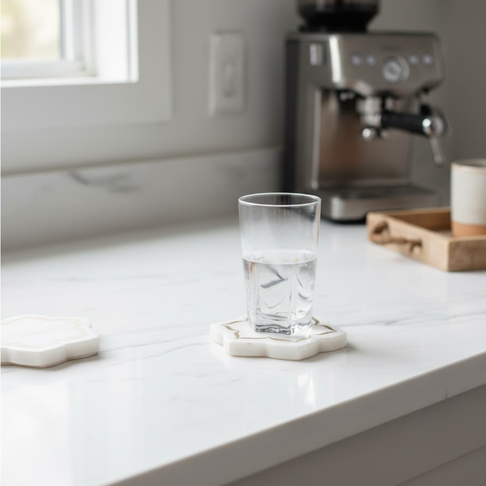 Inlaid Marble Mughal Blossom Coasters – Set of 4 Handcrafted