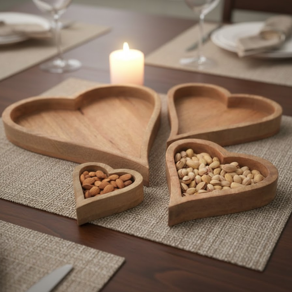Heart-Shaped Mango Wood Trays – Nesting Set of 4