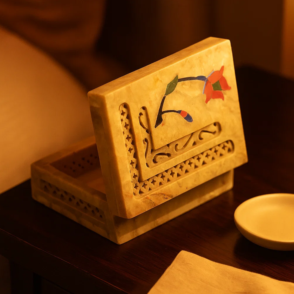 Inlaid Semi-Precious Stone & Lattice Cut Soapstone Jewelry Box