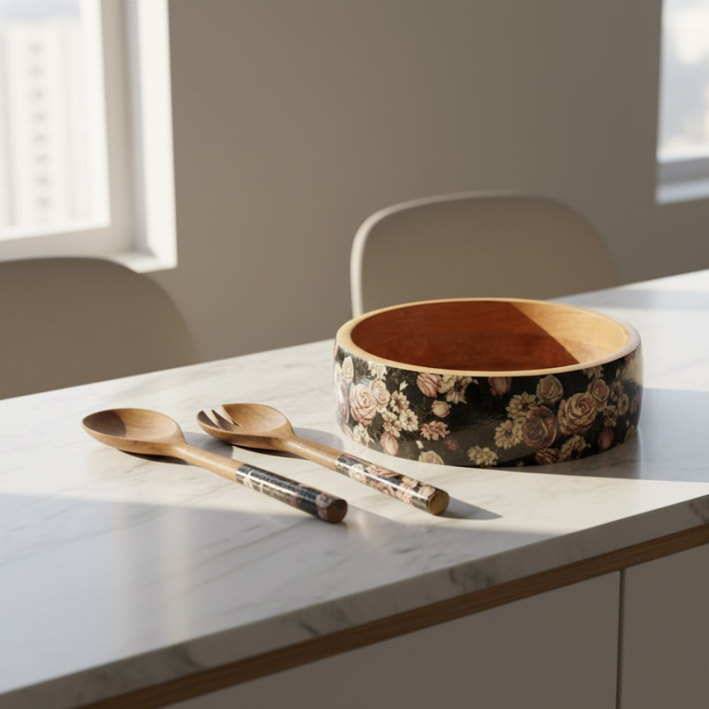 Vintage Rose Salad Bowl with Servers set – Hand-Carved