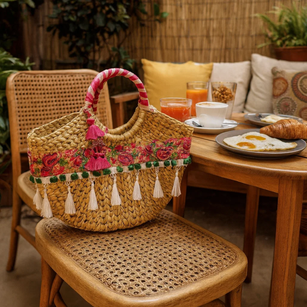 Floral Basket Woven Handbag – Cane Moon Bag for Women