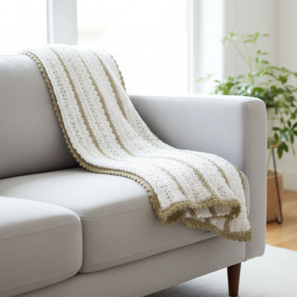 Striped Crochet Throw – Handmade White Cotton Comfort
