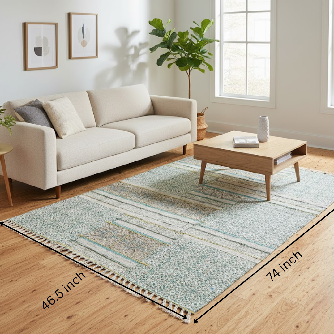 Hand Embroidered Block Printed Cotton Maximal Fringed Rug