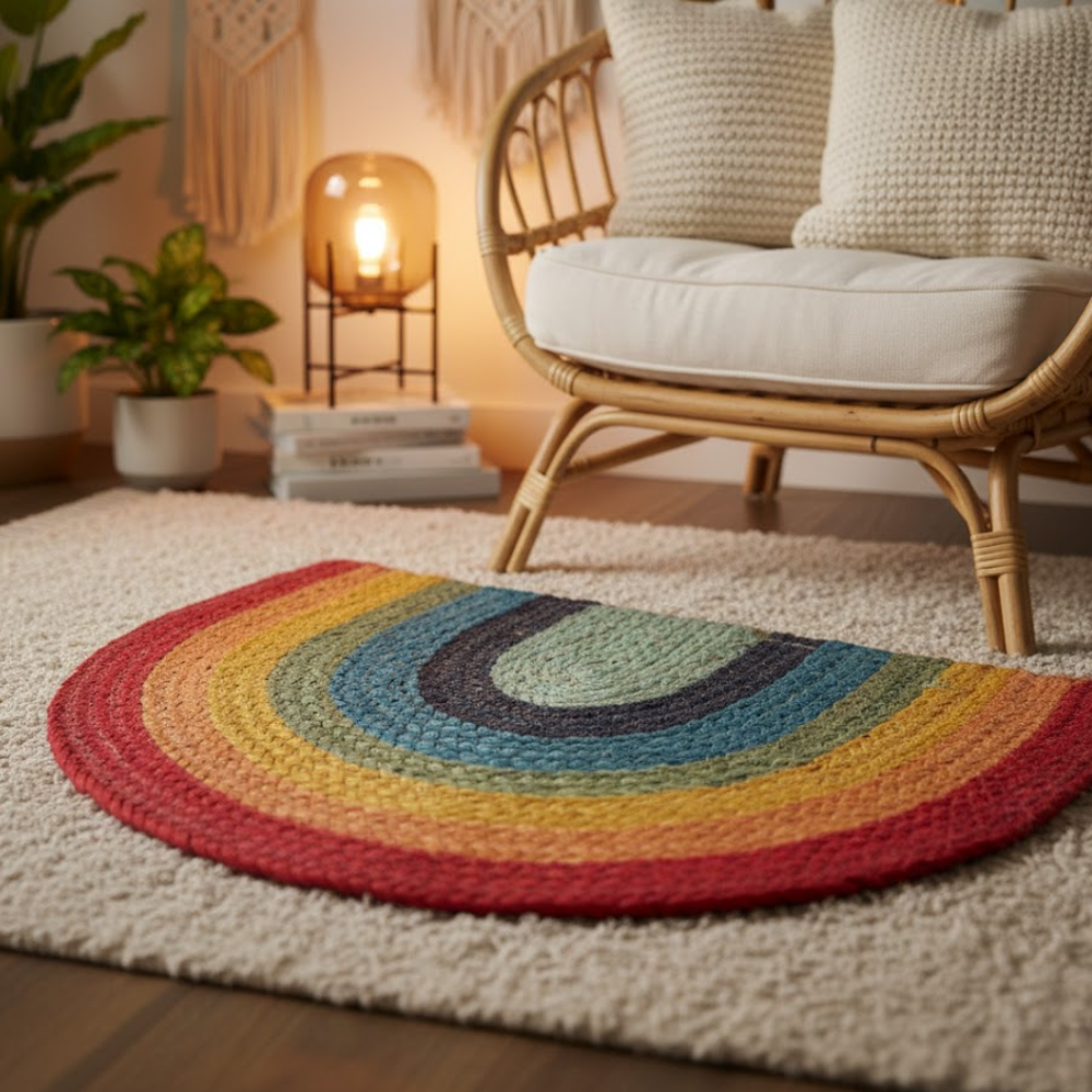Braided Jute Rainbow Mat – Eco-Friendly Hand-Braided Door Mat in Natural Jute with Rainbow Accents