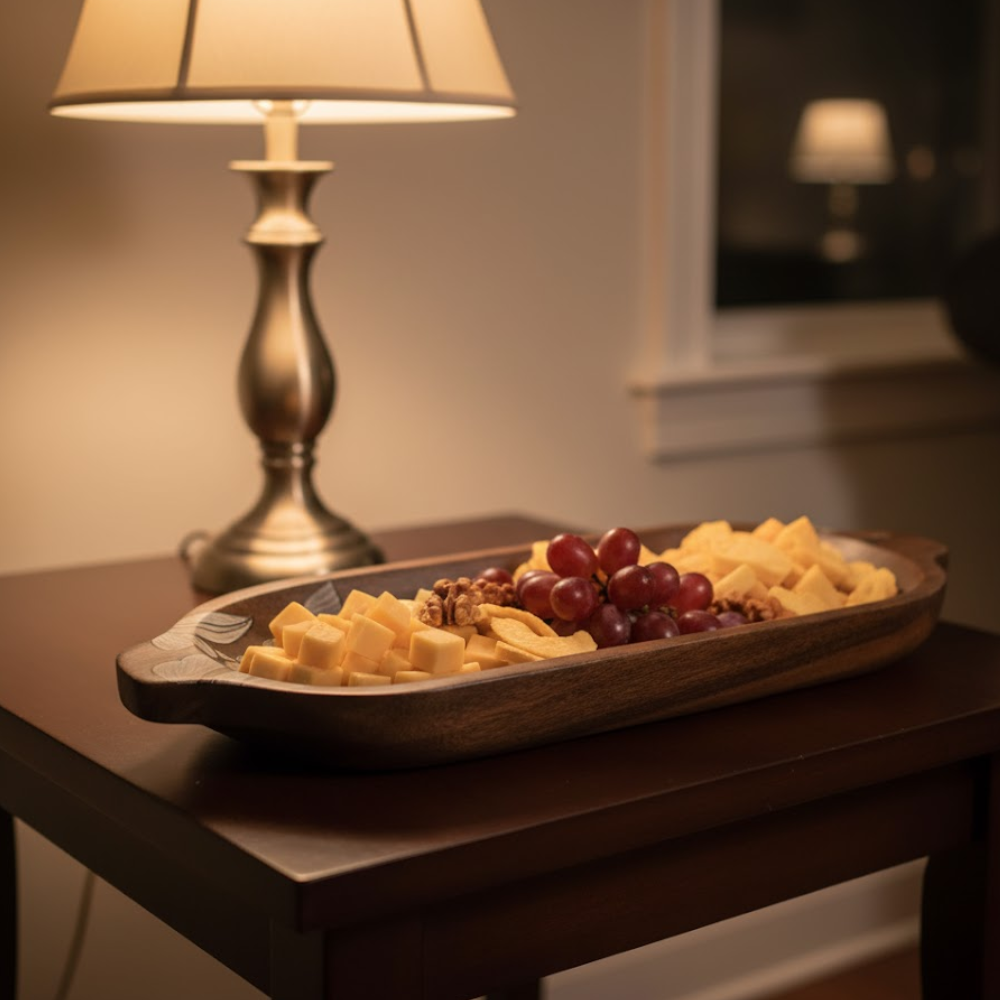Hand Painted  Floral-Sketch Elongated Mango Wood Platter