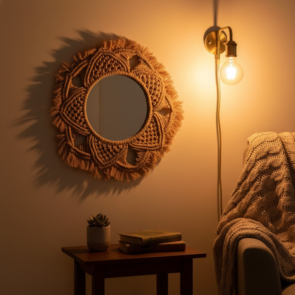 Hand Knotted Honey Macrame Star Wall Mirror