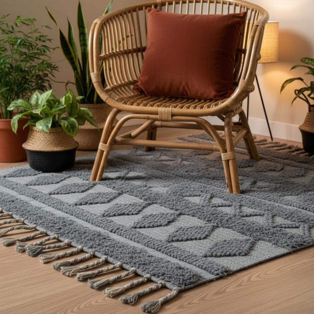 Tufted Ash Grey Tasseled Rug – Hand-Tufted Cotton Rug with Tassels