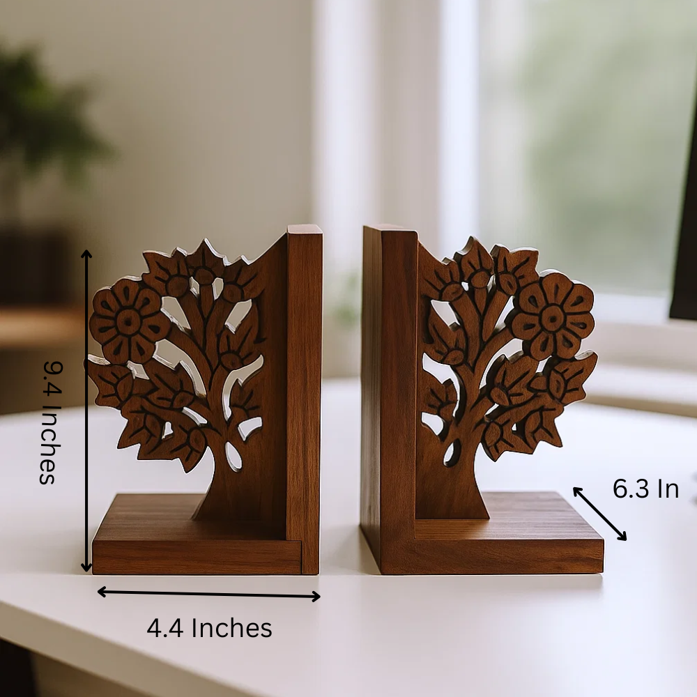 Hand Carved Solid Wood Tree Bookends (Set of 2) – Rustic Artisan Wooden Bookends with Tree Motif