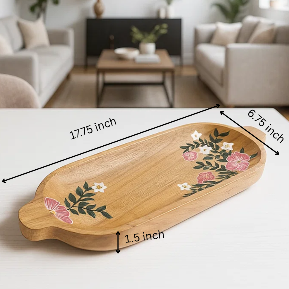 Hand Painted Floral Elongated Mango Wood Platter