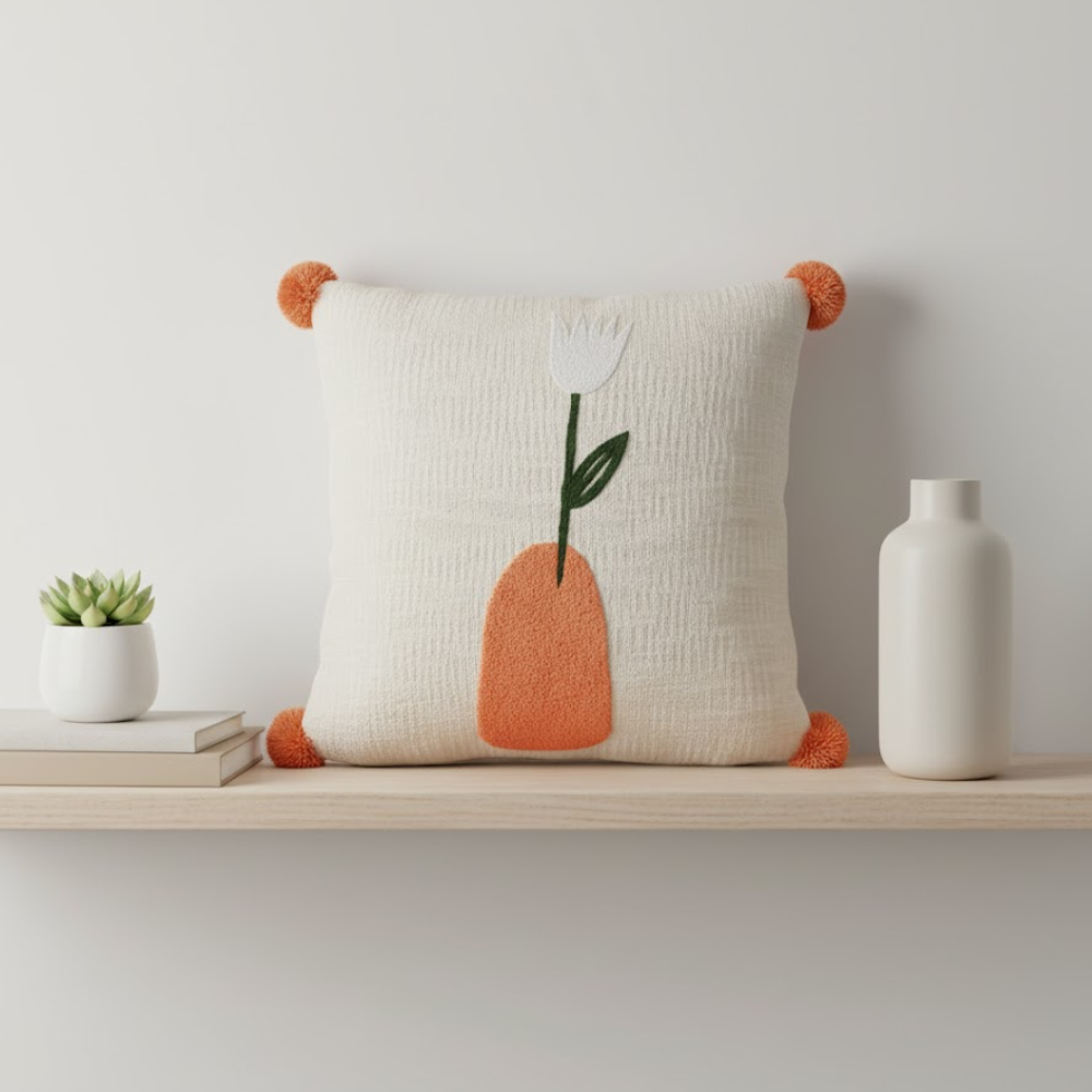 Embroidered Tropical Tulip Pom-Pom Cotton Cushion Cover – Handcrafted Sofa Cushion Cover with Embroidery