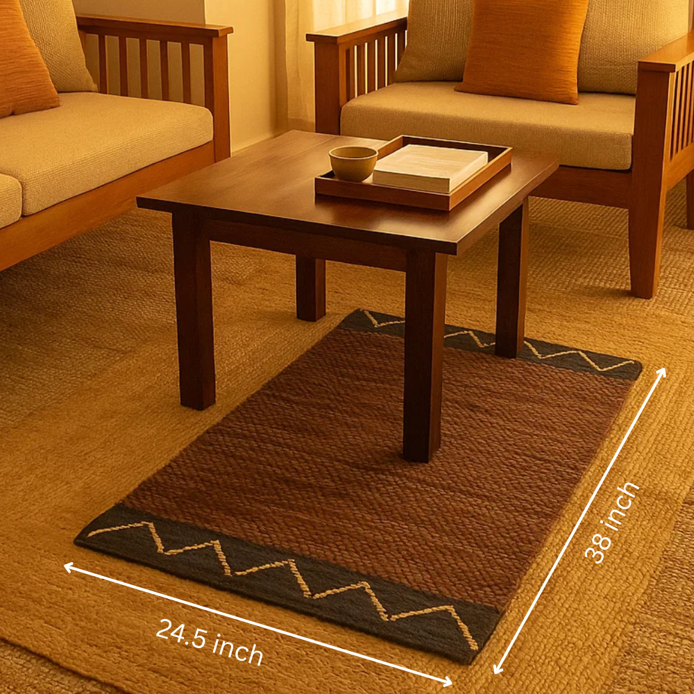 Handwoven Cotton Abstract Brown Durry – Artisan Chevron & Stripe Rug in Leather, Jute & Cotton