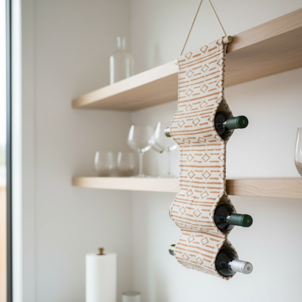 Rusty Orange Printed Wall Mountable Wine Rack – Hand Block Printed Cotton & Wood Wine Holder