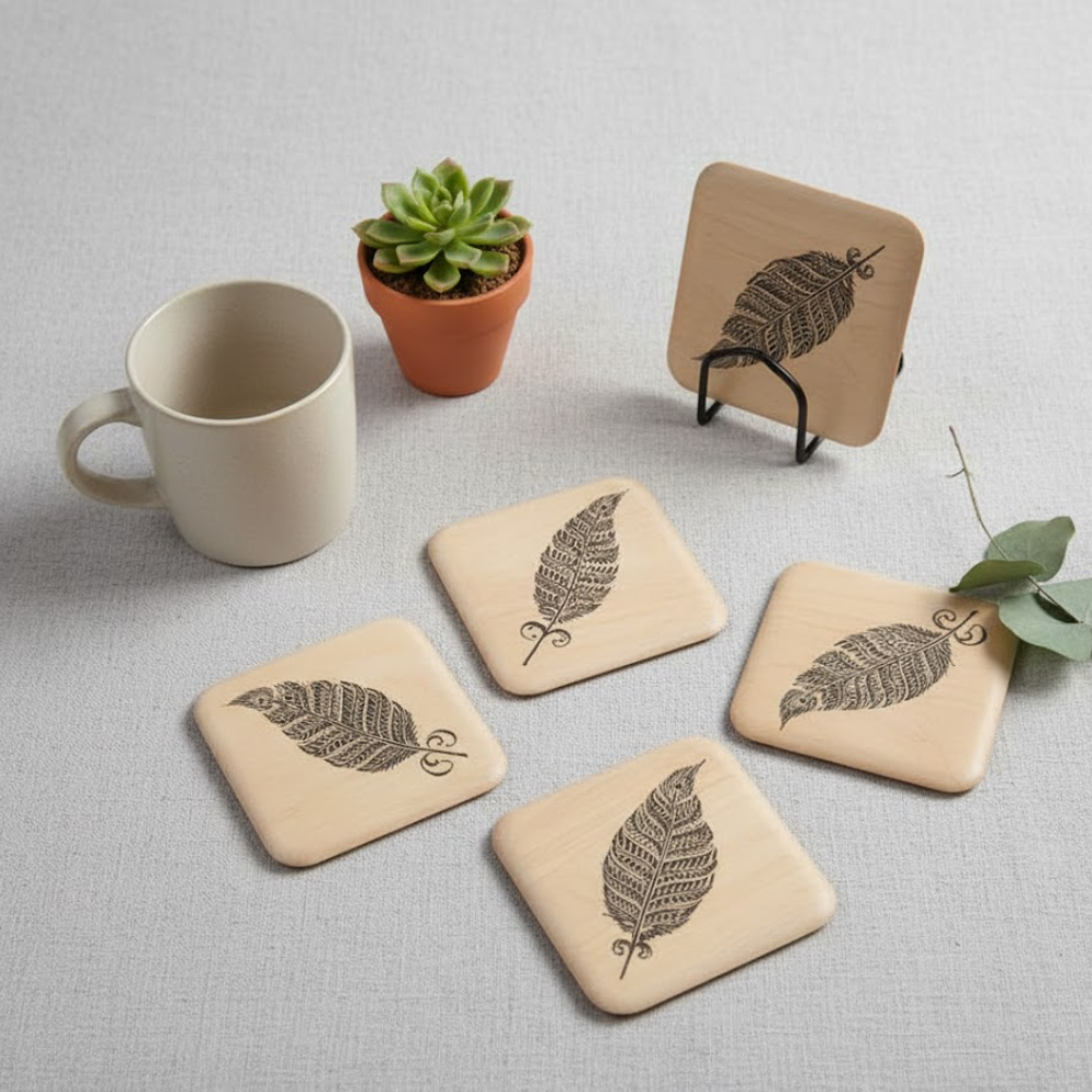 Hand Printed Ethnic Feather Wooden Coasters (Set of 4)