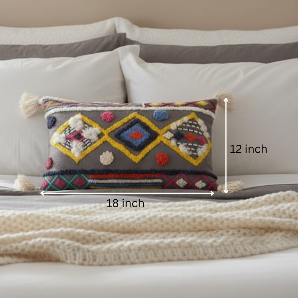 Diamond Embroidered Eclectic Tasseled Lumbar Cotton Cushion Cover