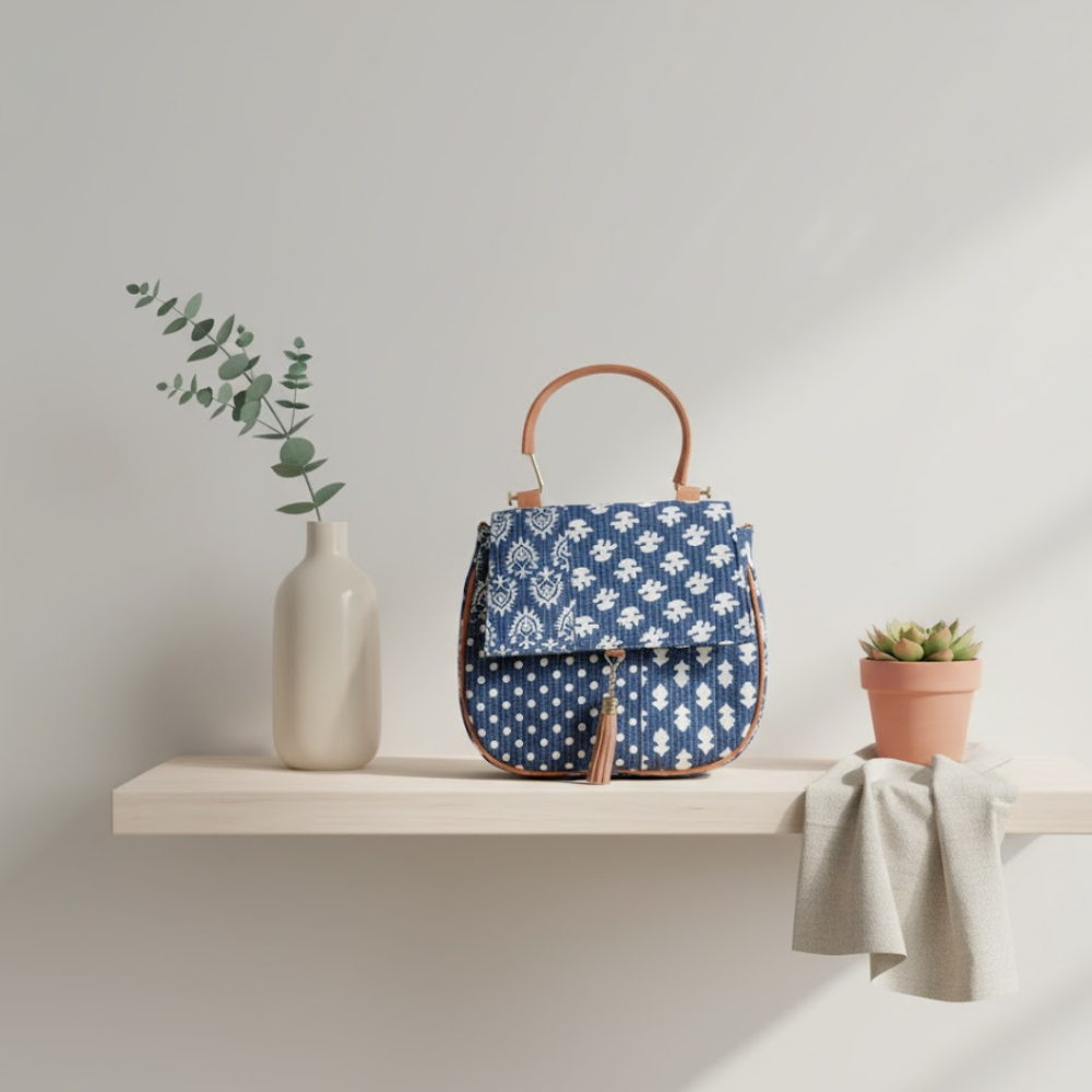 Floral Indigo Printed Handbag with Tassel