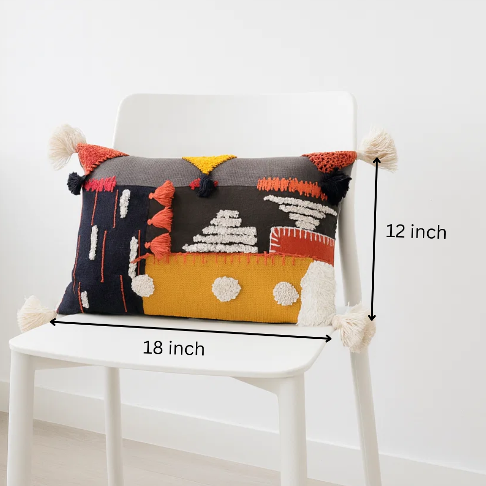 Grey Lumbar Cushion Cover – Abstract Embroidery & Tasseled