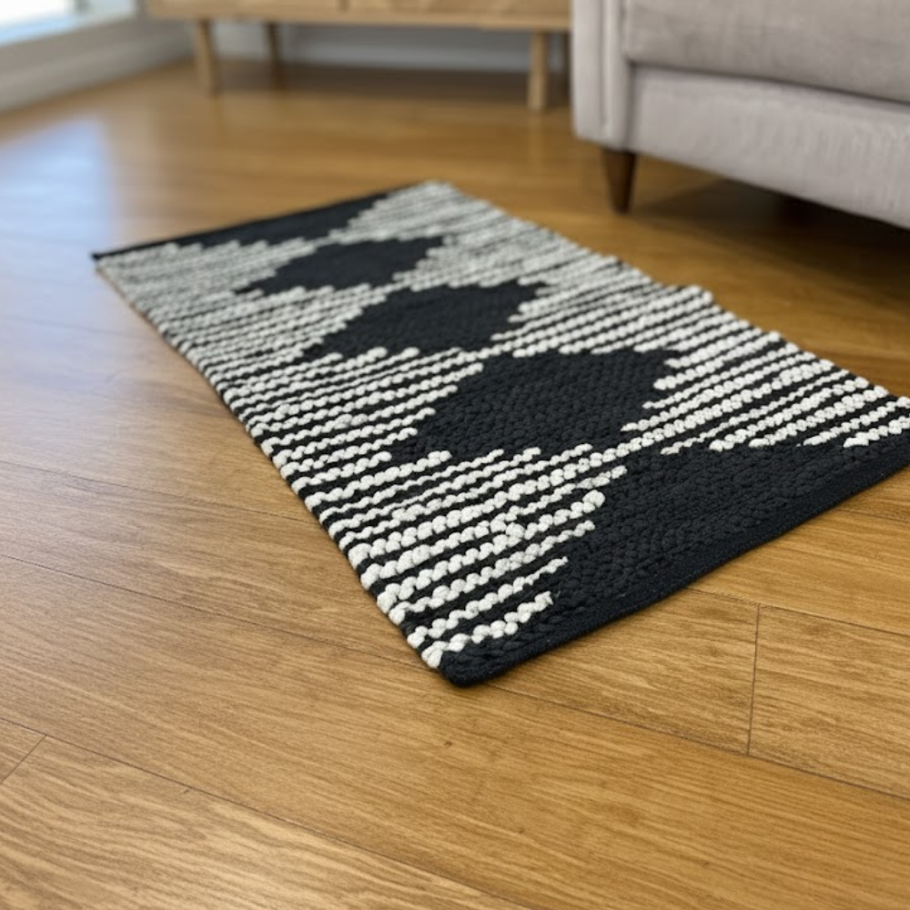 Handwoven Cotton Monochrome Durry – Artisan Diamond Pattern Rug with Stripes