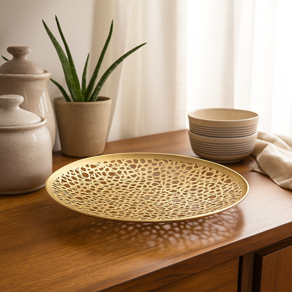 Latticed Iron Decorative Tray – Handcrafted Gold Decor Tray
