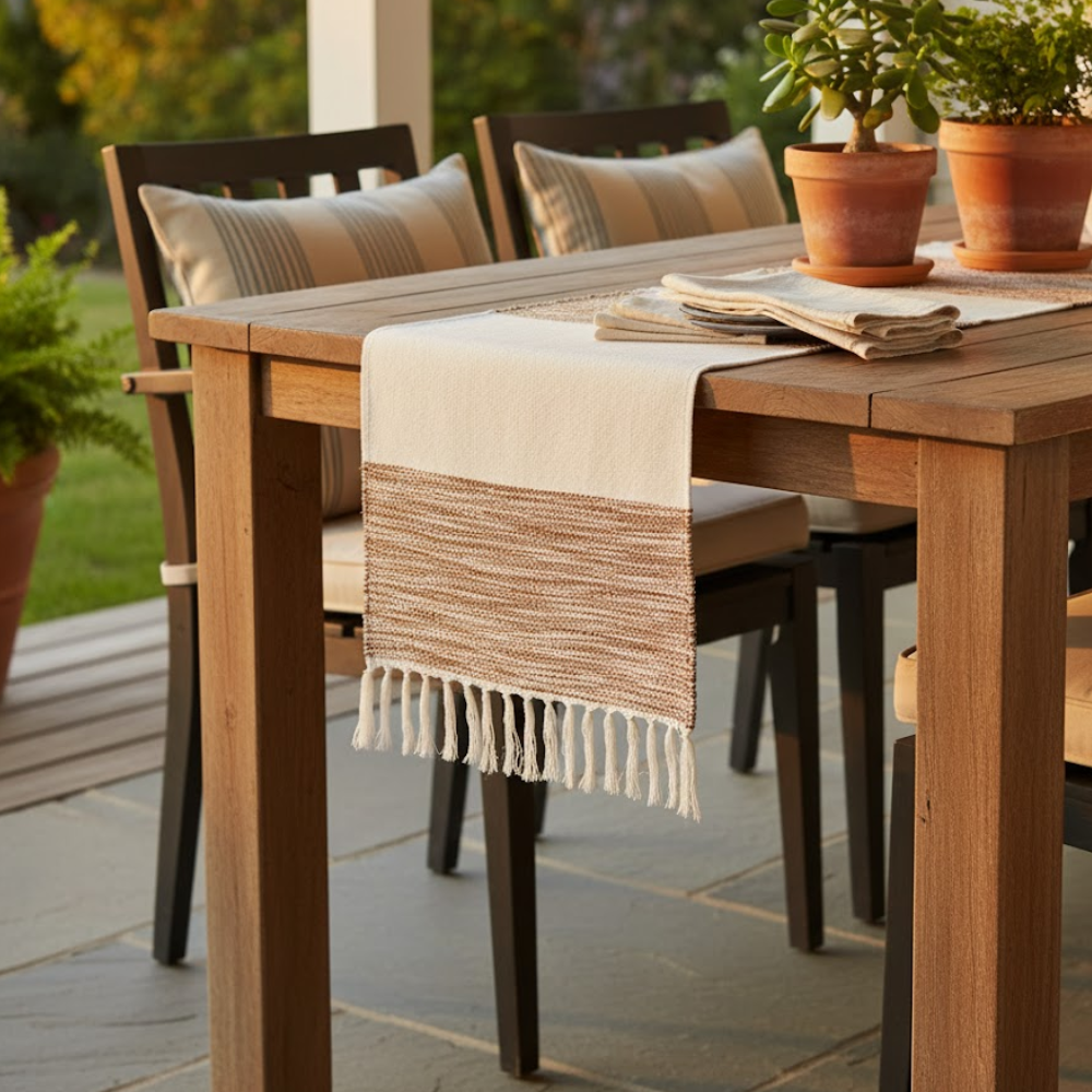 Striped Handwoven Cotton Table Runner – Artisan Cotton Table Runner for Modern Dining