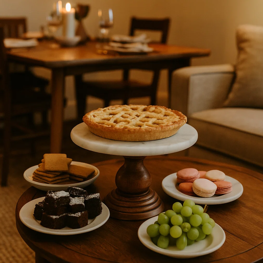 White Marble Cake Stand with Mango Wood Base – Handcrafted Luxury Serveware for Cakes & Desserts