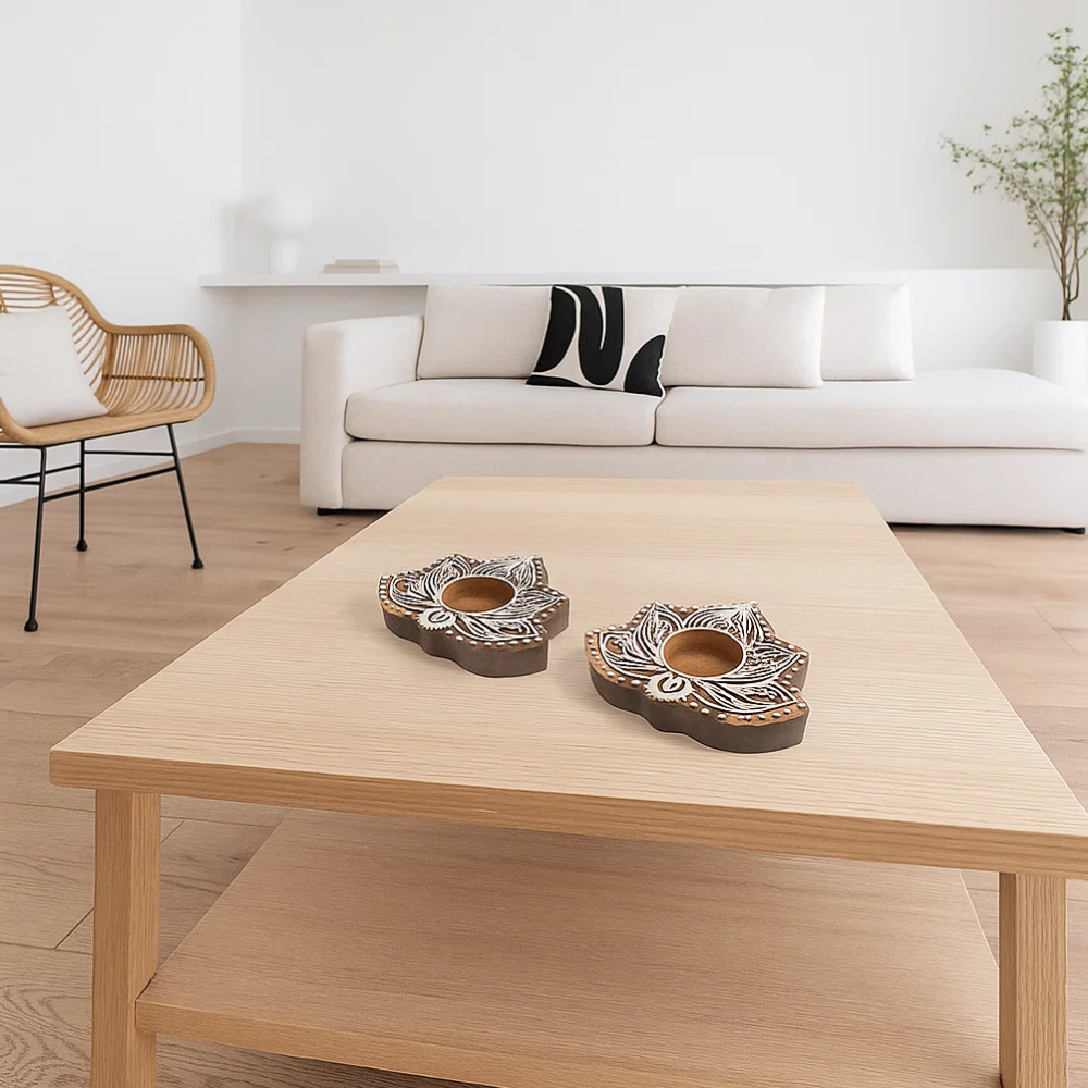 Hand Carved Wooden Lotus Tealight Holders (Set of 2) – Artisan Wooden Candle Holders with Tribal-Inspired Lotus Design