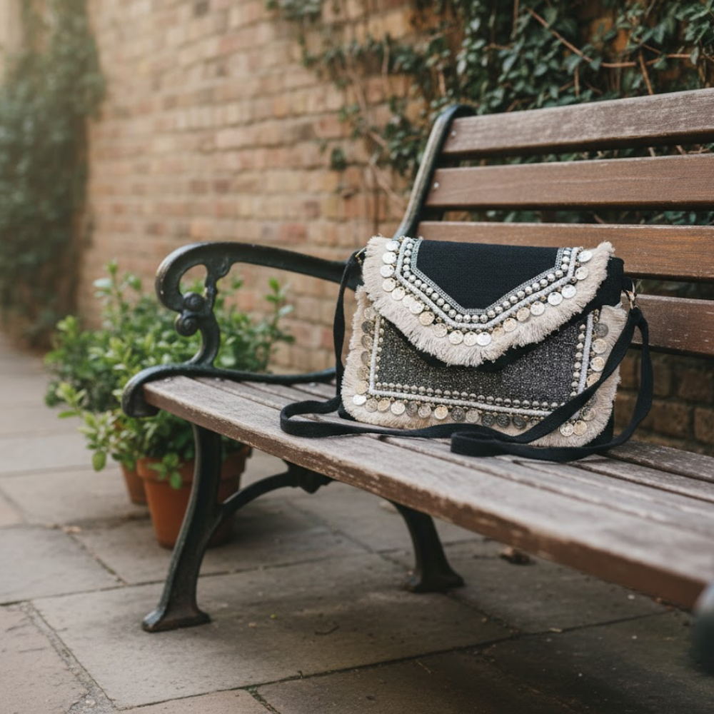 Metallic Embellished & Fringed Black Jute Sling Bag