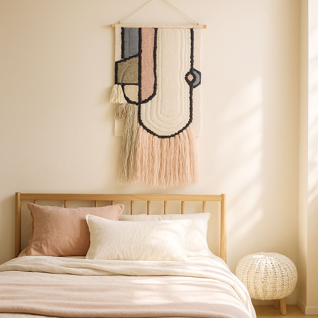 Pastel abstract wall hanging with cotton fringe – geometric boho decor for bedroom, nursery, or living room wall styling


