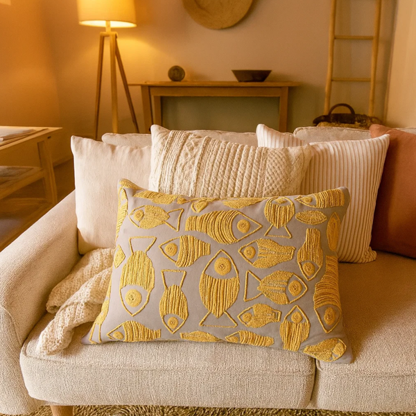Fish Embroidered Cushion Cover | Yellow Lumbar Cotton Boho Decor
