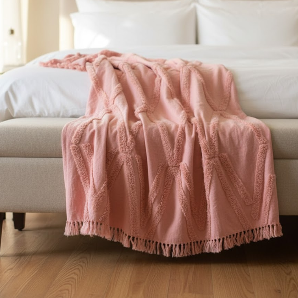 Chunky Pastel Cotton Tasseled Throw – Handwoven Artisan Cotton Throw with Tufts & Tassels