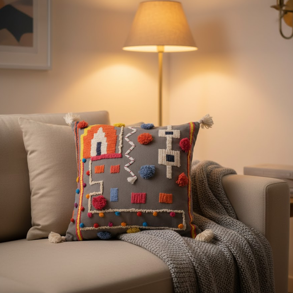 Embroidered Abstract Cotton Cushion Cover with Tassels – Handcrafted Sofa Cushion Cover