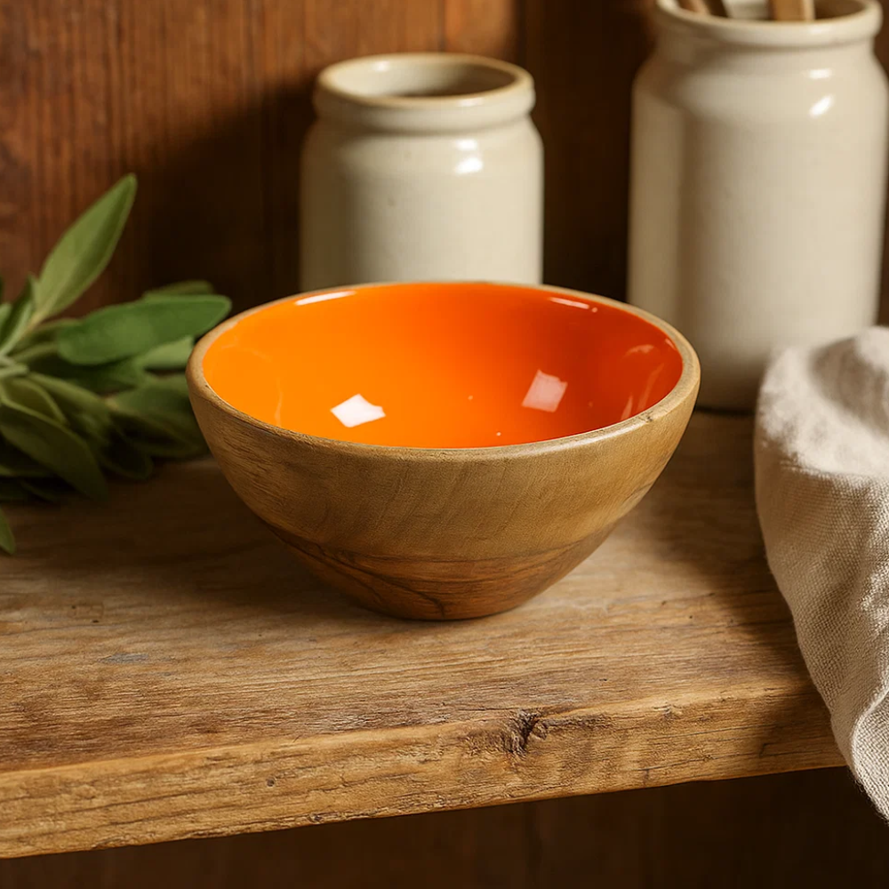 Enamelled Mango Wood Orange Serving Bowl – Bowl for Dining & Décor