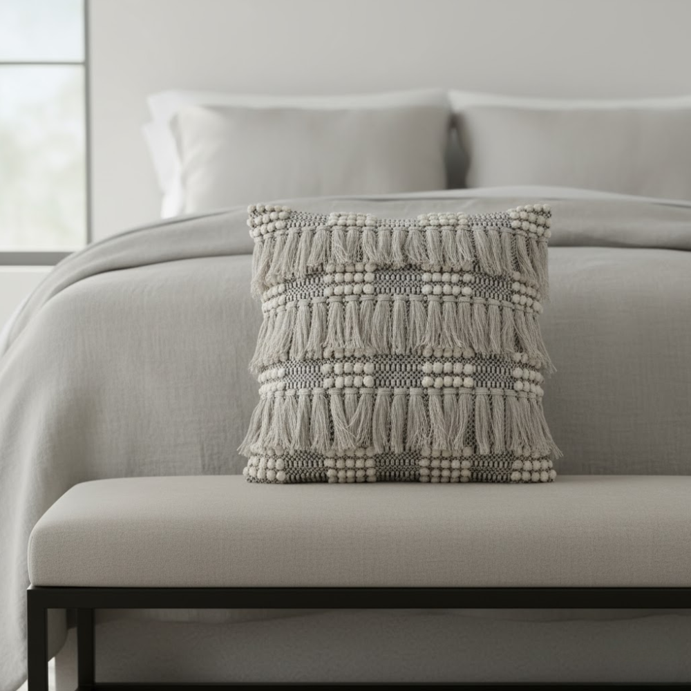 Tufted & Fringed Cotton Cushion Cover – Handwoven Off-White Sofa Cushion Cover with Concealed Zip