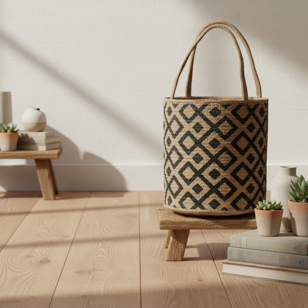 Handloom Jute Diamond Patterned Storage Basket