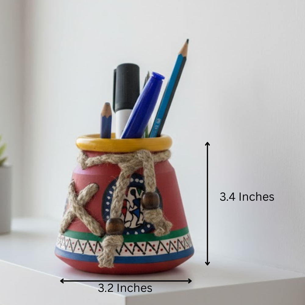 Hand Painted Clay Tribal Pen Stand – Artisan Clay Desk Organizer with Folk Art Motifs & Jute Rope Detailing