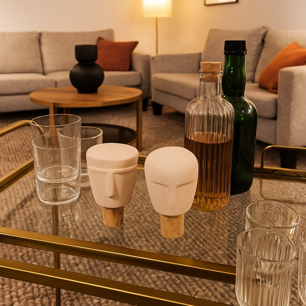 Sculpted Faces Ceramic Bottle Stoppers (Set of 2) – Artisan Ceramic Barware with Hand-Sculpted Face Motifs