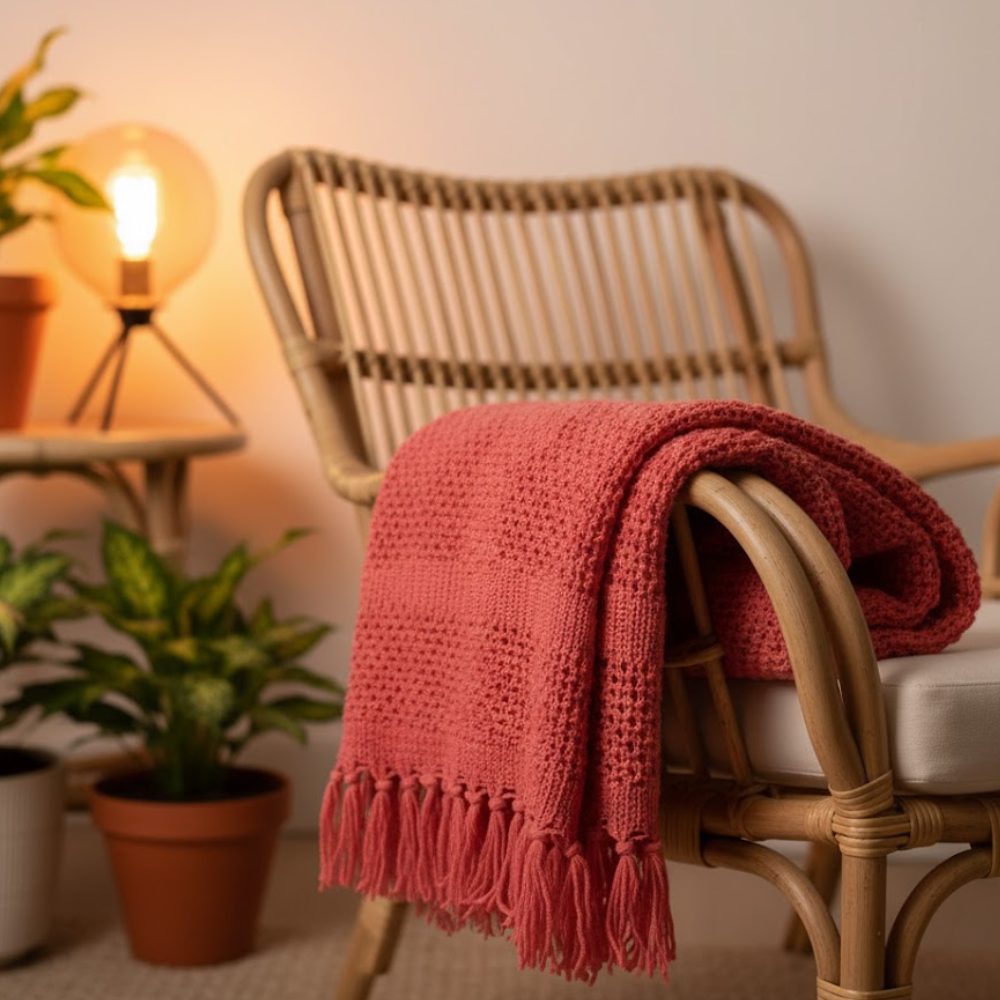 Knitted Coral Red Tasseled Throw – Handwoven Cotton Blanket with Vibrant Color & Tassel Detailing