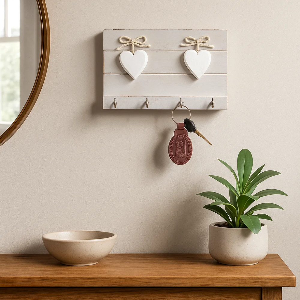 Distress Painted Wooden Ivory Heart 4‑Key Hanger