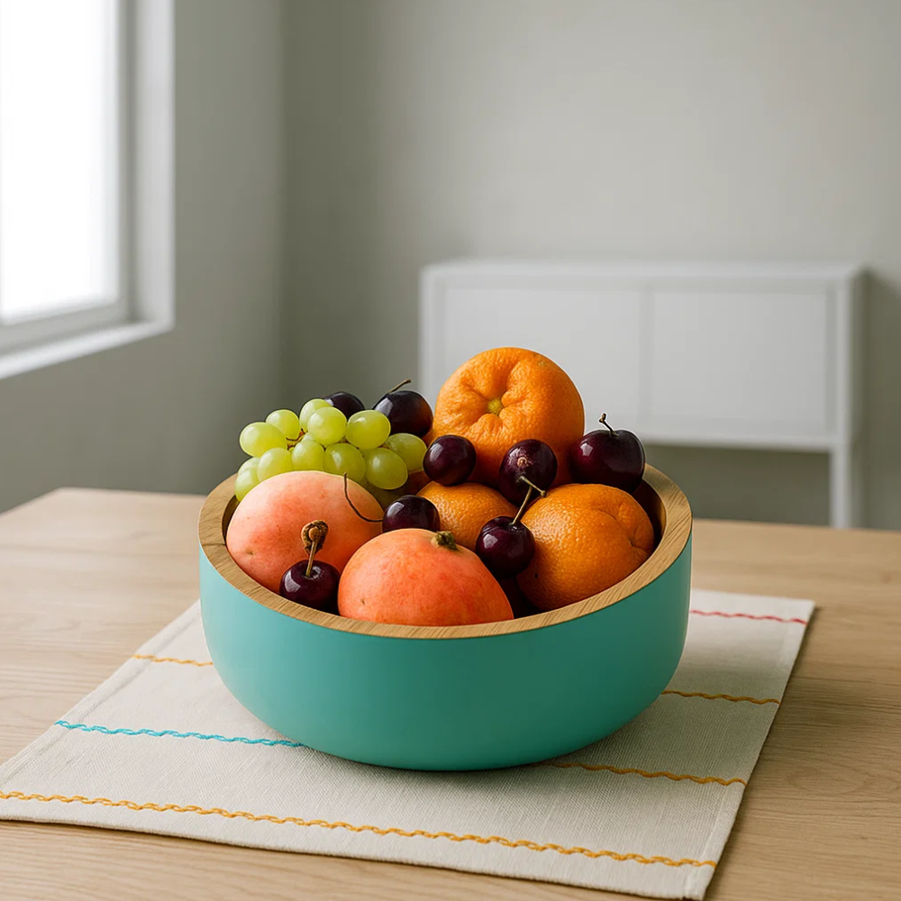 Acacia Wood Matte Aqua Salad Bowl – Handcrafted Wooden Serveware with Aqua Enamel Finish