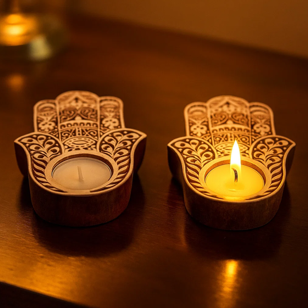 Hand Carved Wooden Hamsa Palm Tealight Holders (Set of 2) – Artisan Candle Holders with Protective Symbolism