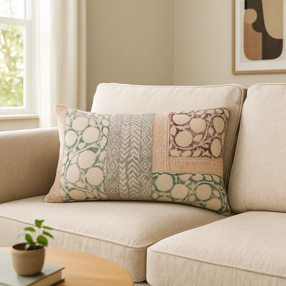 Block Printed Cotton Geometric Botanical Lumbar Cushion Cover – Handcrafted Cotton Cushion Cover with Embroidery
