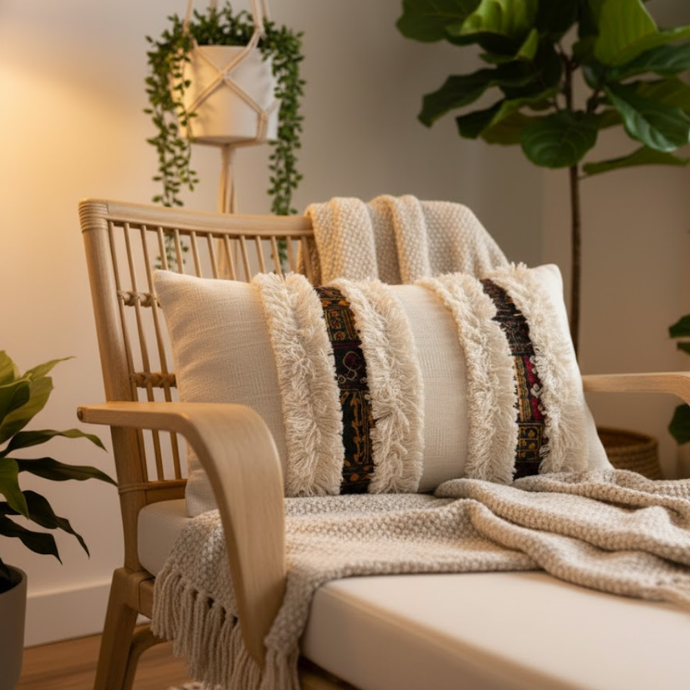 Handmade Shaggy Lace Cotton Cushion Cover – Artisan Cotton Cushion with Boho Lace Detailing